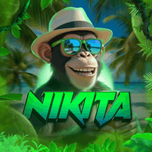 a chimpanzee wearing sunglasses and a hat with the word nikita in green letters