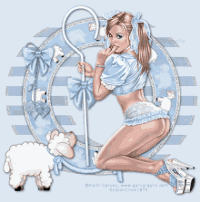 a picture of a girl with a shepherd 's staff and a sheep