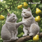 two cats are sitting on a tree branch with yellow pears hanging from it