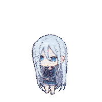 a cartoon of a girl with long white hair and blue eyes standing on a white background .