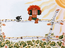 a cartoon drawing of a man playing an accordion and a bird