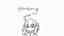 a black and white drawing of a girl with the word thinking written above her head
