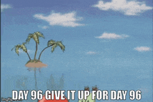a cartoon of a crab holding a bell with the words day 96 give it up for day 96 .