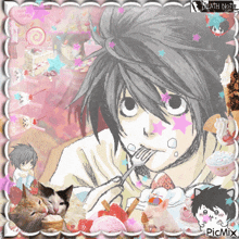 a picture of l from death note eating strawberries