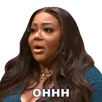 a woman in a blue top has the word ohhh on her face