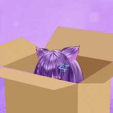a girl with purple hair and cat ears is peeking out of a box .