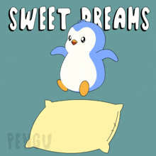 a penguin jumping on a pillow with the words sweet dreams written above it