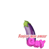 a purple eggplant with a rainbow coming out of it and the words bonjour mon amour gay below it
