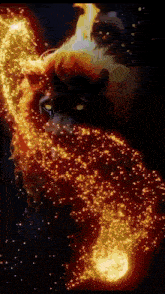 a wolf is surrounded by flames and sparkles .