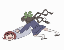 a cartoon drawing of a girl with a green bow