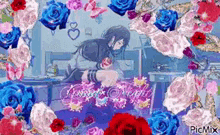 a girl is laying on a bed surrounded by blue , pink and red roses .