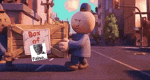 a cartoon character is carrying a box that says box off false on it
