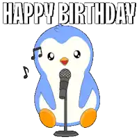 a blue and white penguin singing into a microphone with the words happy birthday behind it