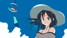 a girl wearing a white hat stands in front of a blue sky