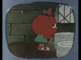 a cartoon character is standing next to a pile of plates