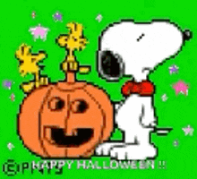 snoopy and woodstock are sitting next to a pumpkin with a face on it .