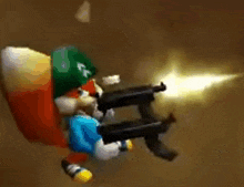 a cartoon squirrel is holding a gun in his hand .