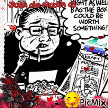 a black and white drawing of a man eating macaroni and cheese