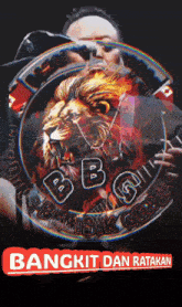 a man is playing a guitar in front of a lion with the letters bb on it