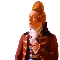 a man with a wig on his head is wearing a red jacket with gold stripes and a striped shirt