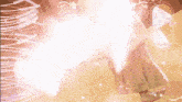a woman in a white dress is standing in front of a light coming out of her skirt .