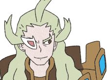 a drawing of a cartoon character with long hair and horns