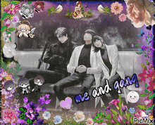 a couple sitting on a couch with the words me and gang written on the bottom