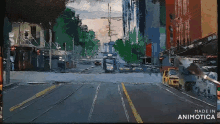 a painting of a city street with the words made in animotica at the bottom
