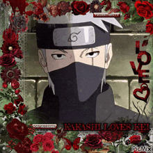a picture of kakashi from naruto surrounded by flowers
