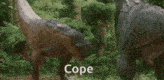 a couple of dinosaurs standing next to each other with the word cope in white letters