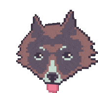 a pixel art drawing of a raccoon 's head with its tongue sticking out