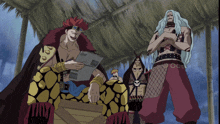 a group of anime characters are standing under a thatched hut