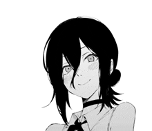 a black and white drawing of a girl with long black hair and green eyes