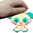a cartoon dog with blue eyes is standing next to a hand