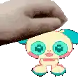 a cartoon dog with blue eyes is standing next to a hand