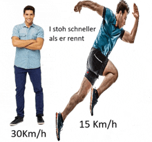 a man with his arms crossed next to a man running