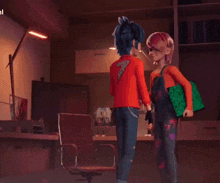 two cartoon characters are holding hands in a room .