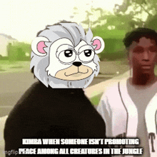 a cartoon of a monkey with the words kimba when someone