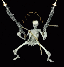 a skeleton is holding two guns with flames coming out of it 's head