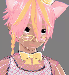 a cartoon girl with pink hair and glasses