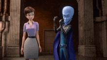 a woman in a purple shirt stands next to a man in a blue cape
