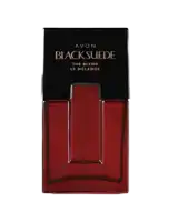 a bottle of avon black suede perfume with a red bottle
