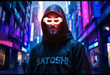 a person wearing a hoodie that says satoshi on the front