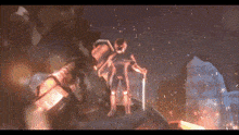 a statue of a man holding a sword and shield stands in front of a fire