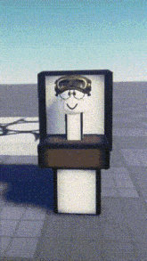 a cartoon character wearing a hat and goggles is standing on a block
