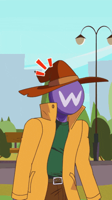 a cartoon character with a purple head and a brown hat with a w on it