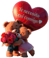 a couple of teddy bears hugging next to a heart that says te necesito aqui comigo