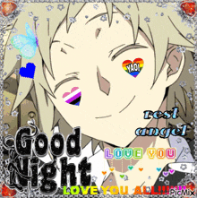 a picture of a boy with a rainbow heart in his eye says good night love you all