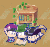 three cartoon characters are reading books in front of a bookcase