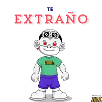 a cartoon character holding a red heart with the words te extrano behind him